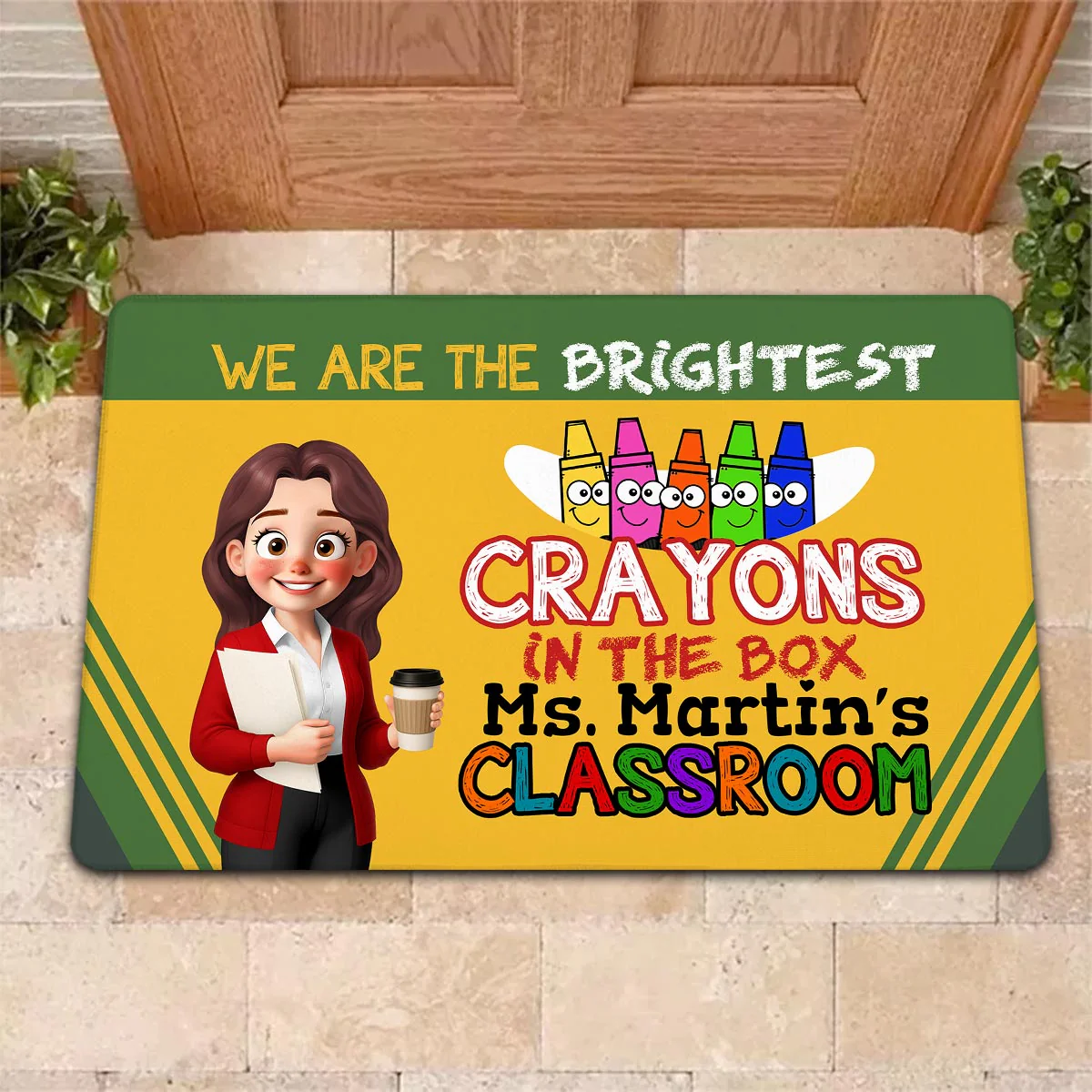 Crayon Box We're The Brightest Crayons Cute Cartoon Teacher Personalized Doormat - Image 4