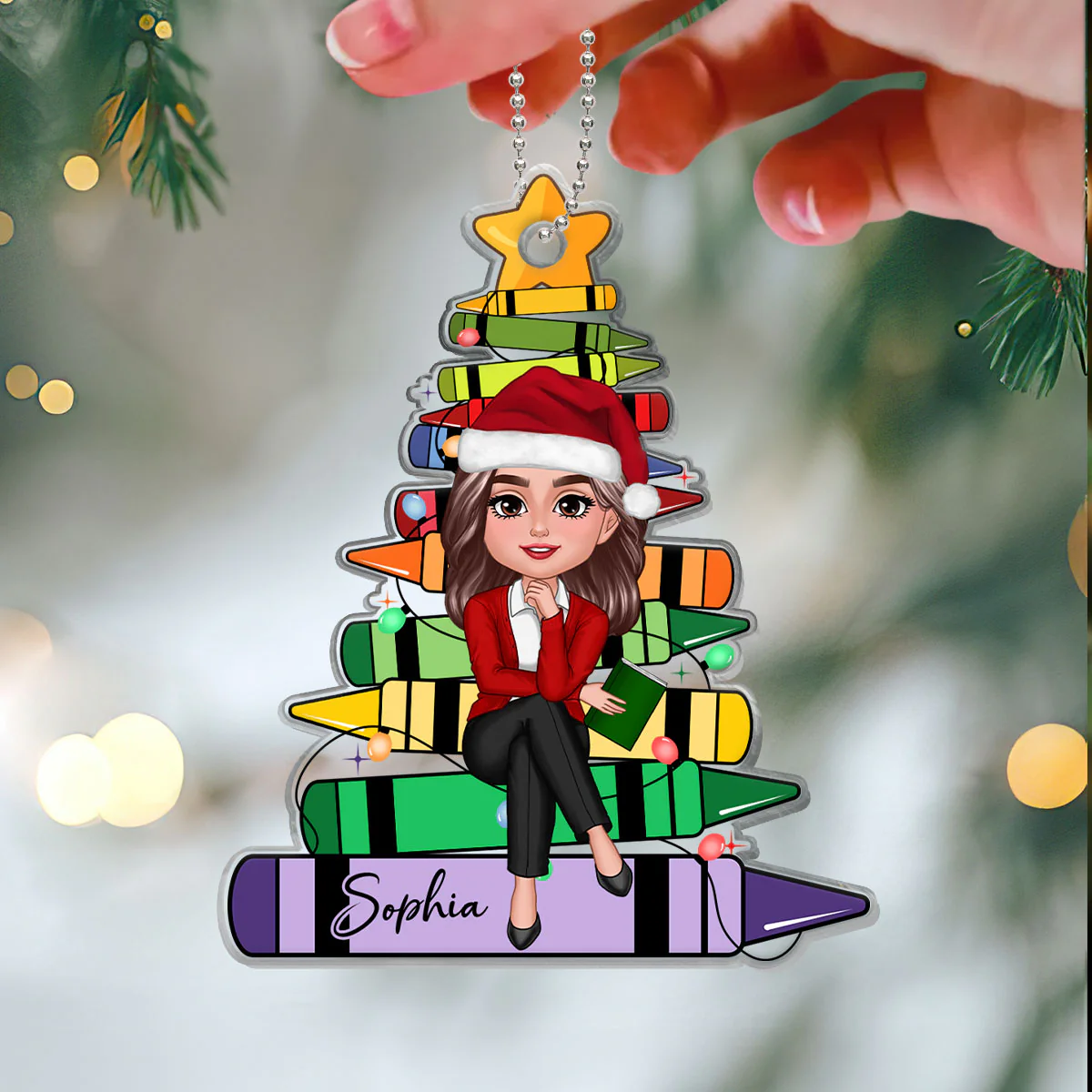 Crayon Christmas Tree Teacher Sitting Personalized Acrylic Ornament - Image 3