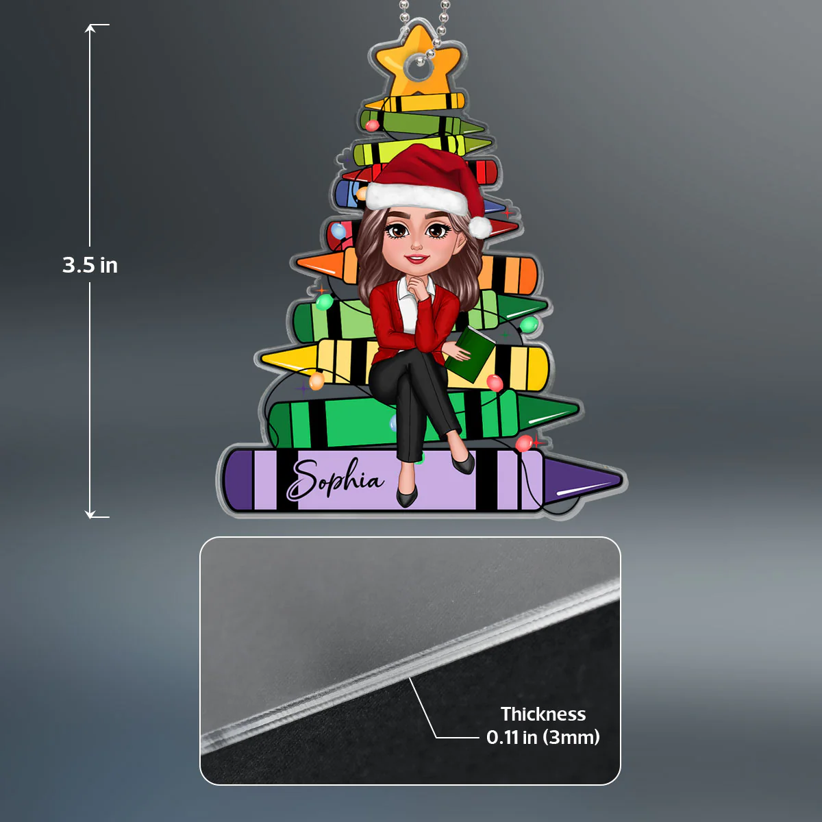 Crayon Christmas Tree Teacher Sitting Personalized Acrylic Ornament - Image 4