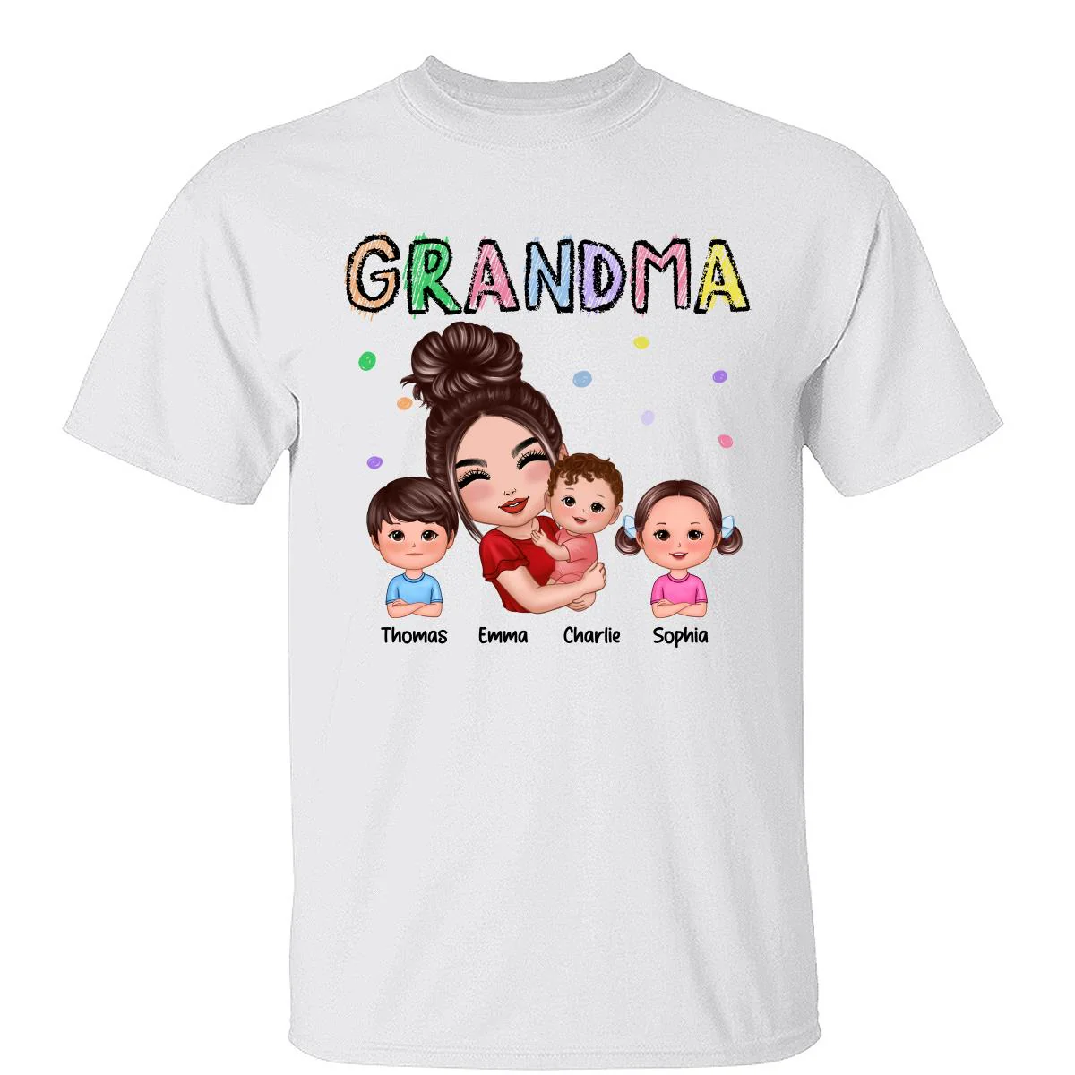 Crayon Text Doll Grandma Hugging Kids Personalized Shirt