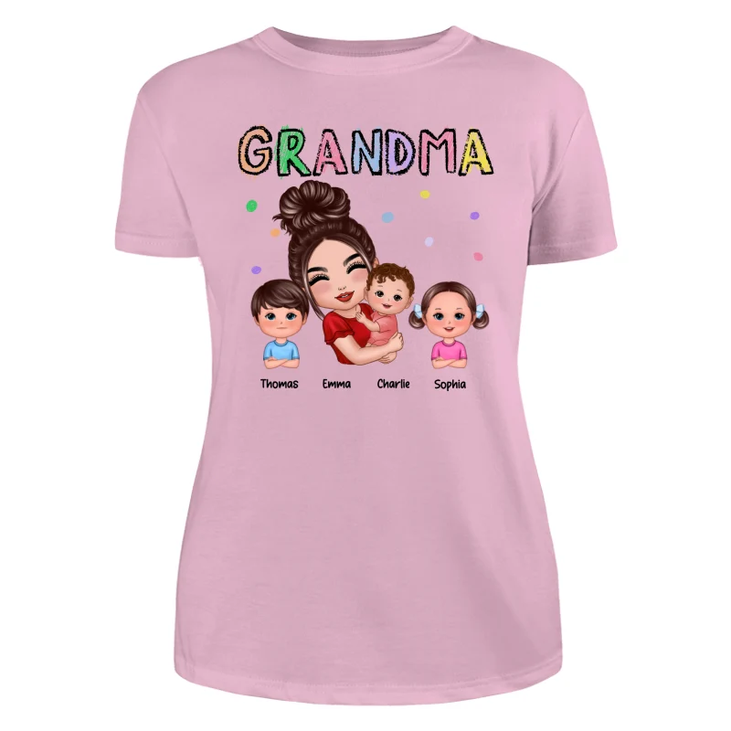 Crayon Text Doll Grandma Hugging Kids Personalized Shirt - Image 11