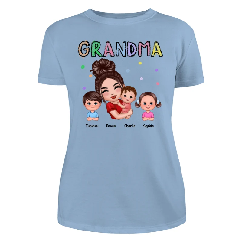 Crayon Text Doll Grandma Hugging Kids Personalized Shirt - Image 12