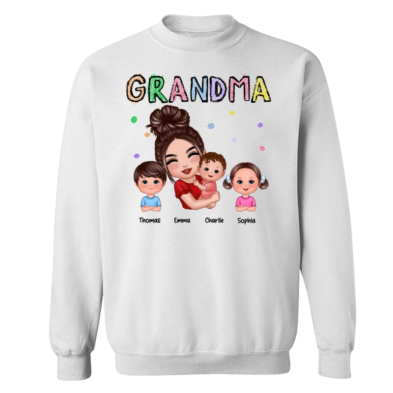 Crayon Text Doll Grandma Hugging Kids Personalized Shirt - Image 17