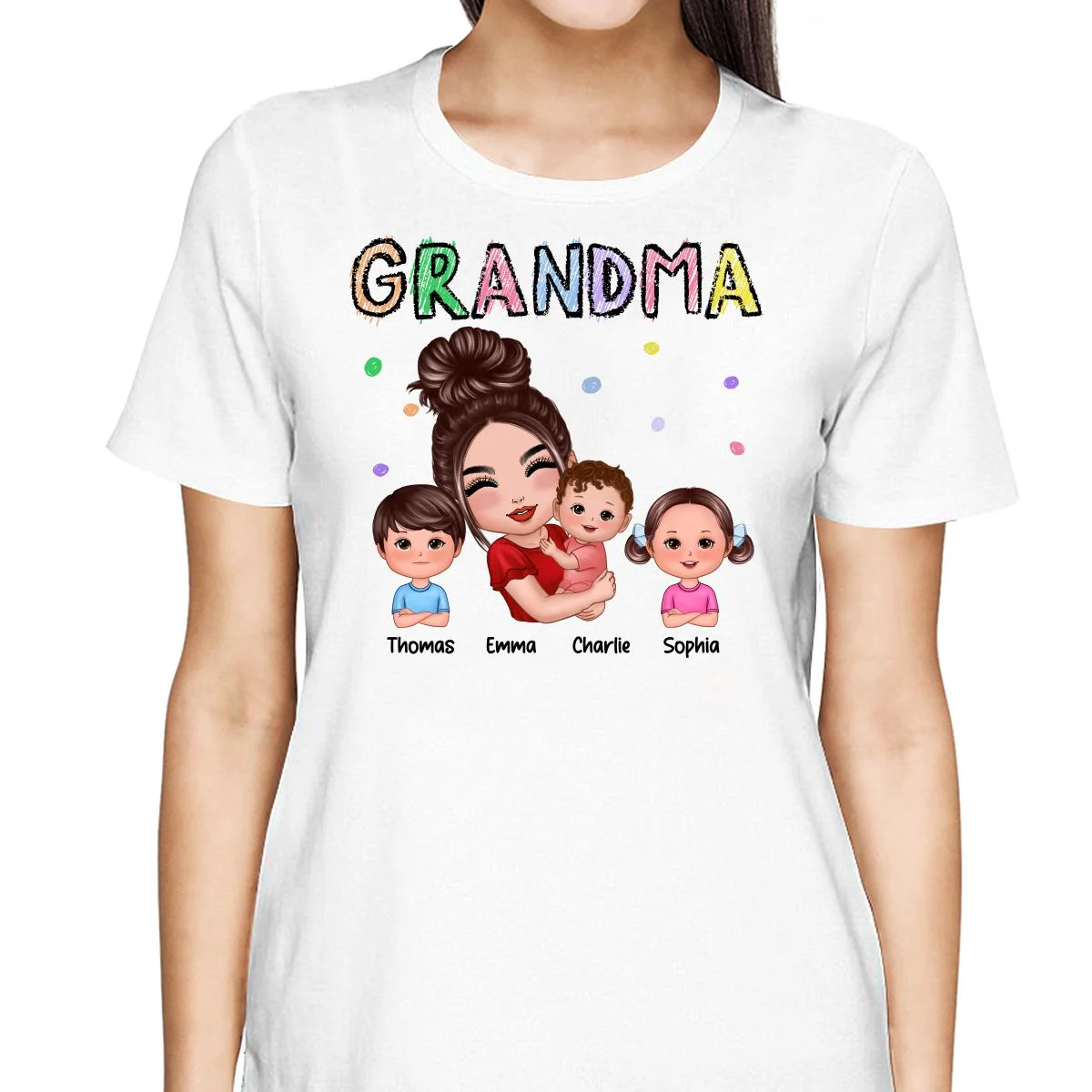 Crayon Text Doll Grandma Hugging Kids Personalized Shirt - Image 2
