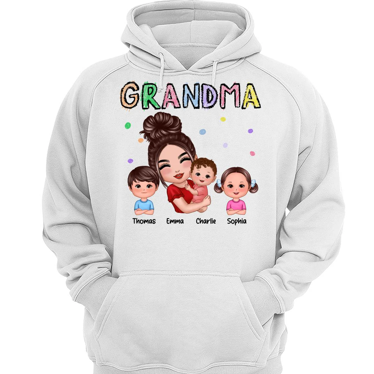 Crayon Text Doll Grandma Hugging Kids Personalized Shirt - Image 3