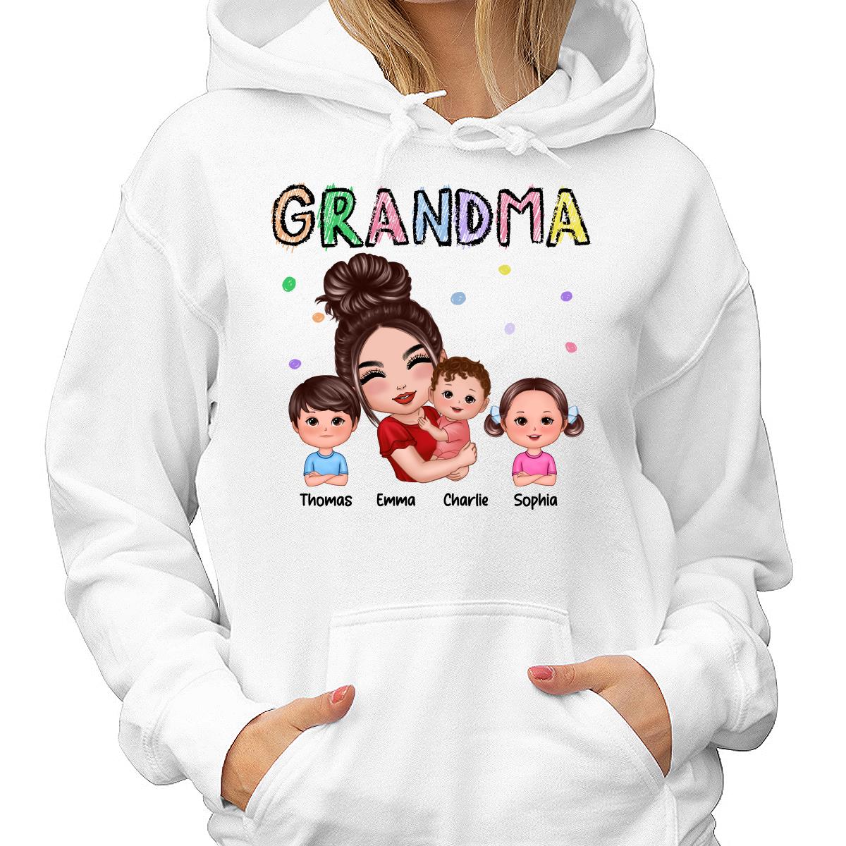 Crayon Text Doll Grandma Hugging Kids Personalized Shirt - Image 4