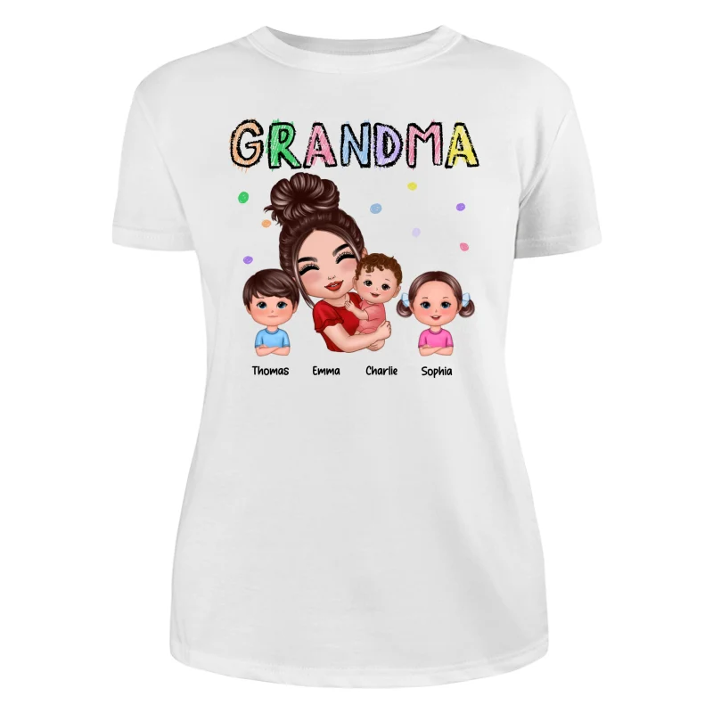 Crayon Text Doll Grandma Hugging Kids Personalized Shirt - Image 9