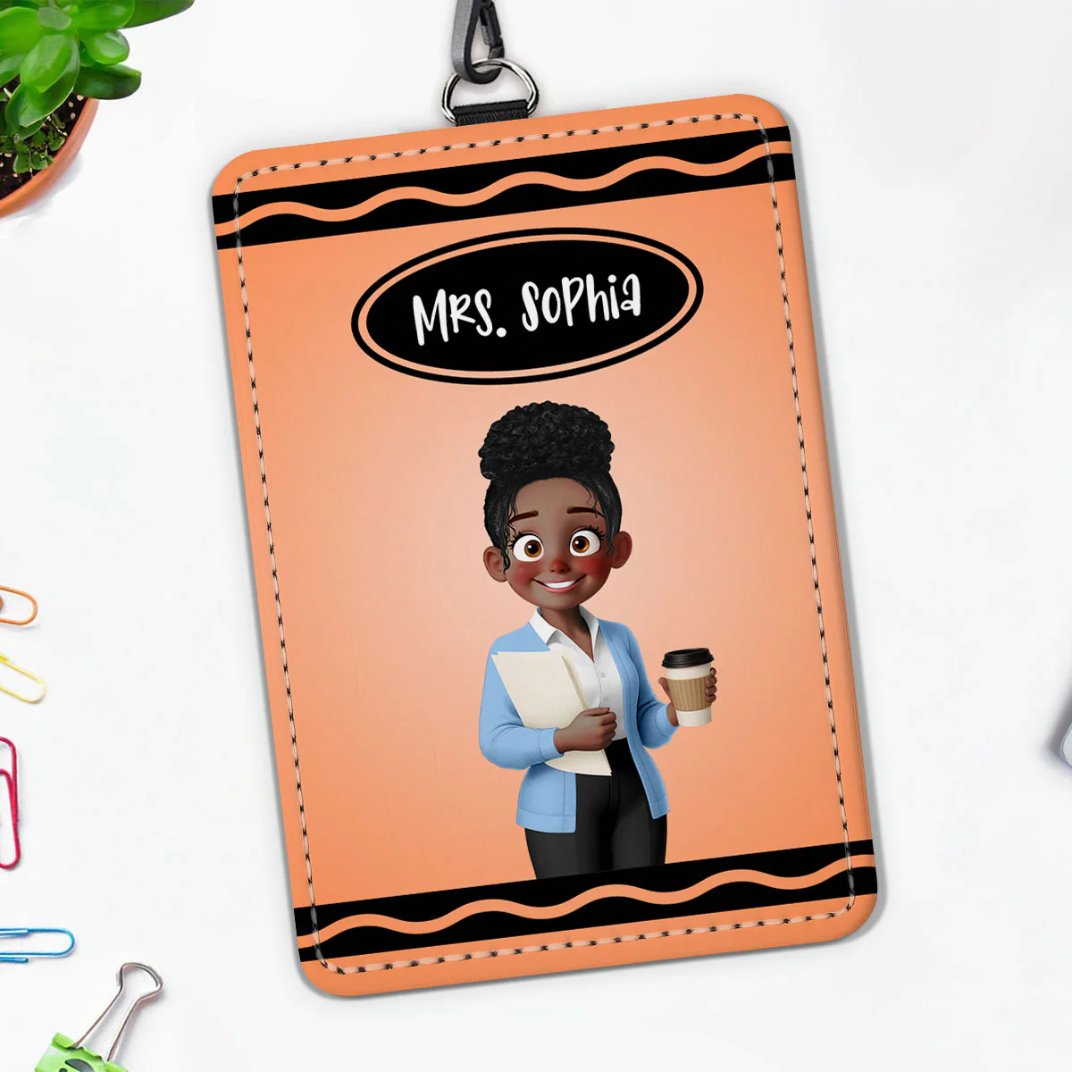 Crayon Themed Cartoon Teacher Personalized ID Badge Holder, Back To School Gift