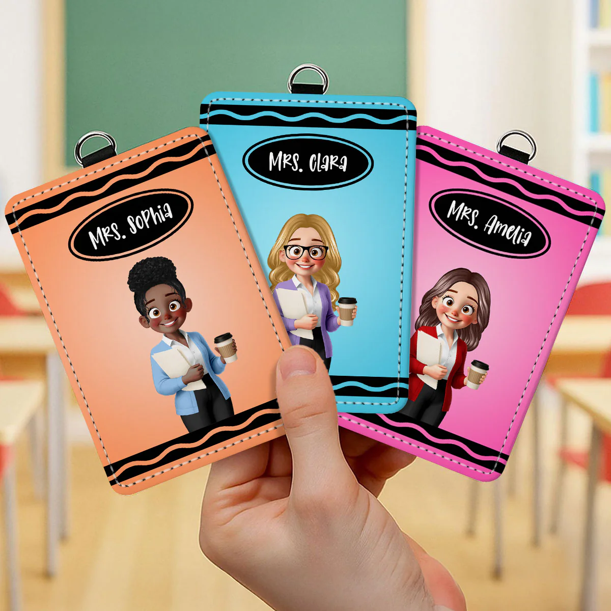 Crayon Themed Cartoon Teacher Personalized ID Badge Holder, Back To School Gift - Image 3