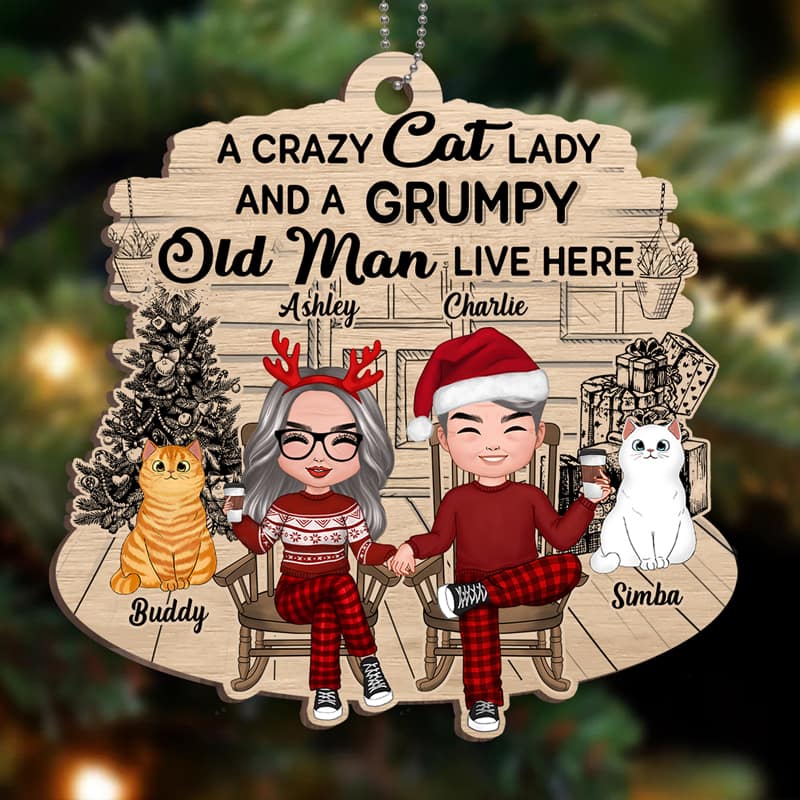 Crazy Cat Lady Grumpy Old Man Front Porch Personalized Christmas Wooden Ornament - Image 2