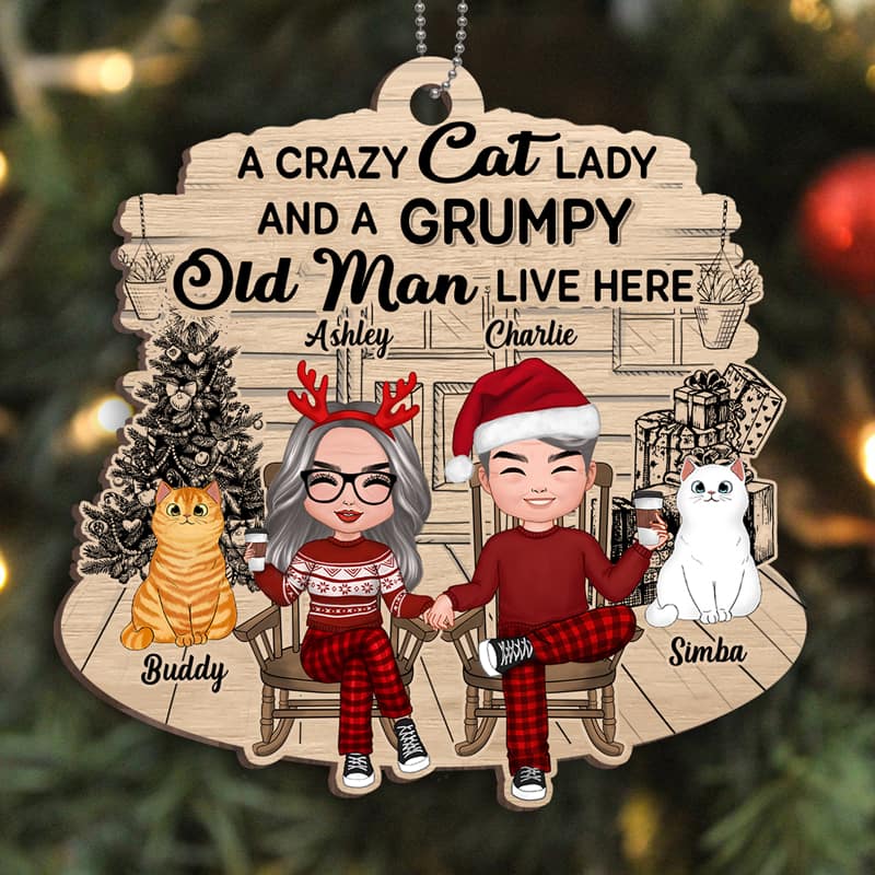 Crazy Cat Lady Grumpy Old Man Front Porch Personalized Christmas Wooden Ornament - Image 3