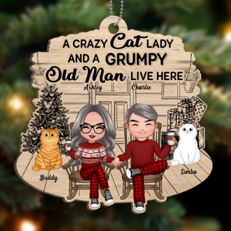 Crazy Cat Lady Grumpy Old Man Front Porch Personalized Christmas Wooden Ornament - Image 4