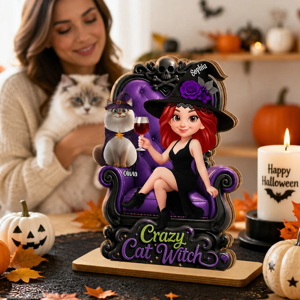 Crazy Cat Witch Halloween - Personalized 2-Layered Wooden Plaque - Halloween Decor for Cat Lovers - Image 9
