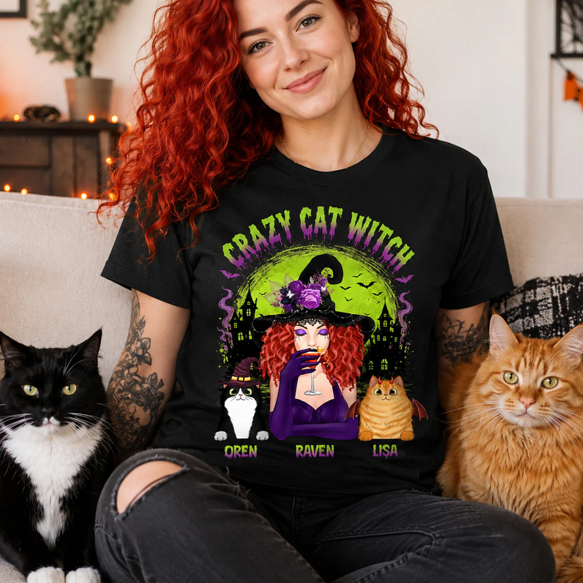 Crazy Cat Witch - Personalized Shirt - Halloween Gift for Cat Moms, Cat Lovers - Image 2