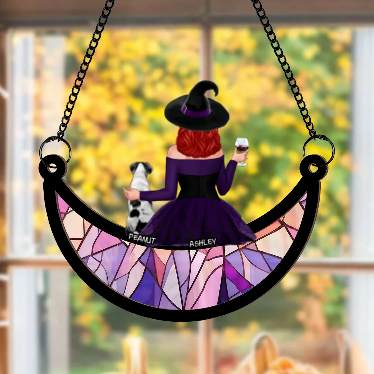 Crazy Dog Witch On Moon Personalized Window Hanger Suncatcher, Halloween Decor - Image 10