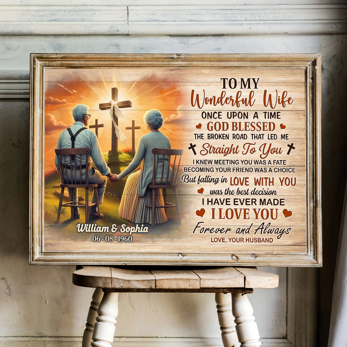 Cross God Gave Me You Old Couple Sitting Personalized Poster, Anniversary Gift For Him, Her, Husband, Wife