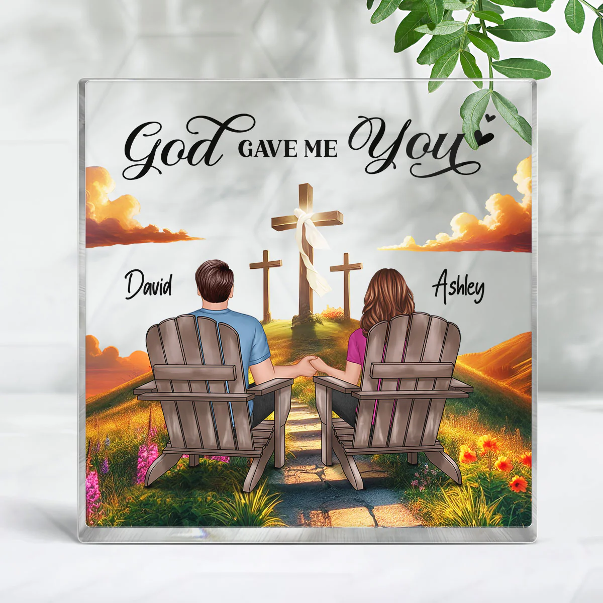 Cross God Knew My Heart Needed You Old Couple Sitting Together Personalized Acrylic Block Plaque, Anniversary Gift For Him, Her, Husband, Wife - Image 6