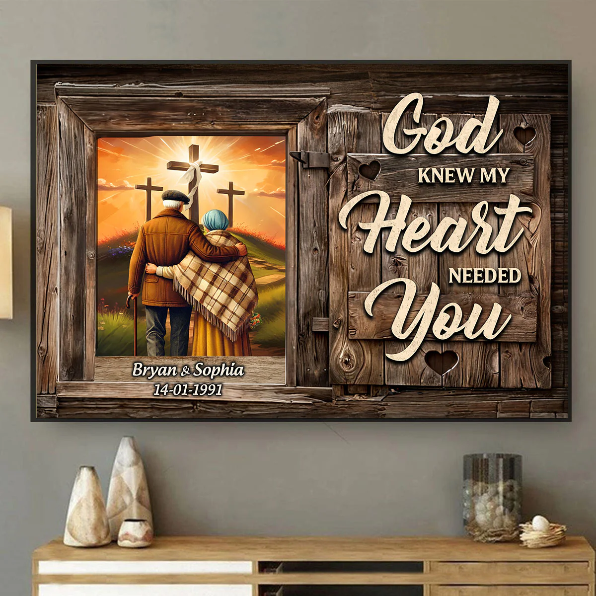 Cross God Knew My Heart Needed You Old Couple Walking Hugging Personalized Poster, Anniversary Gift For Him, Her, Husband, Wife - Image 4