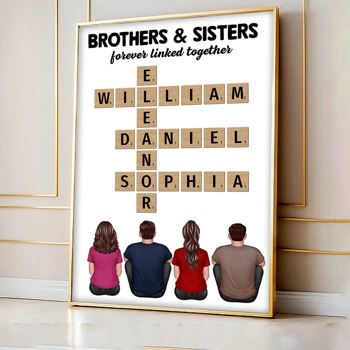 Crossword Art Brothers & Sisters Forever Linked Together Back View Sitting Personalized Poster - Image 3