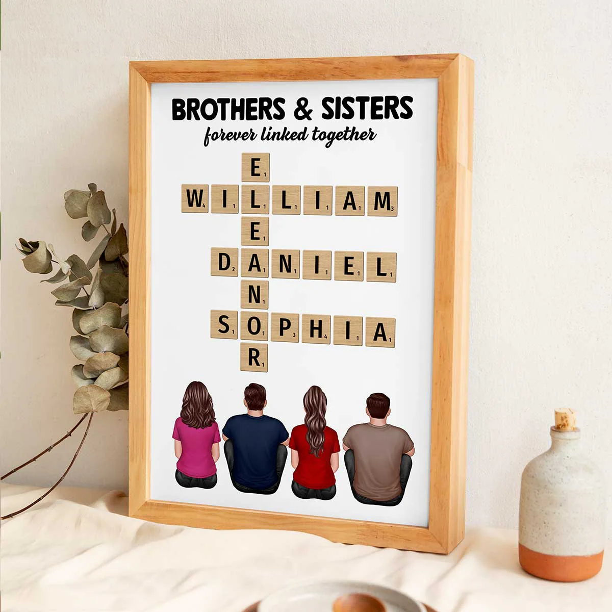 Crossword Art Brothers & Sisters Forever Linked Together Back View Sitting Personalized Poster - Image 4