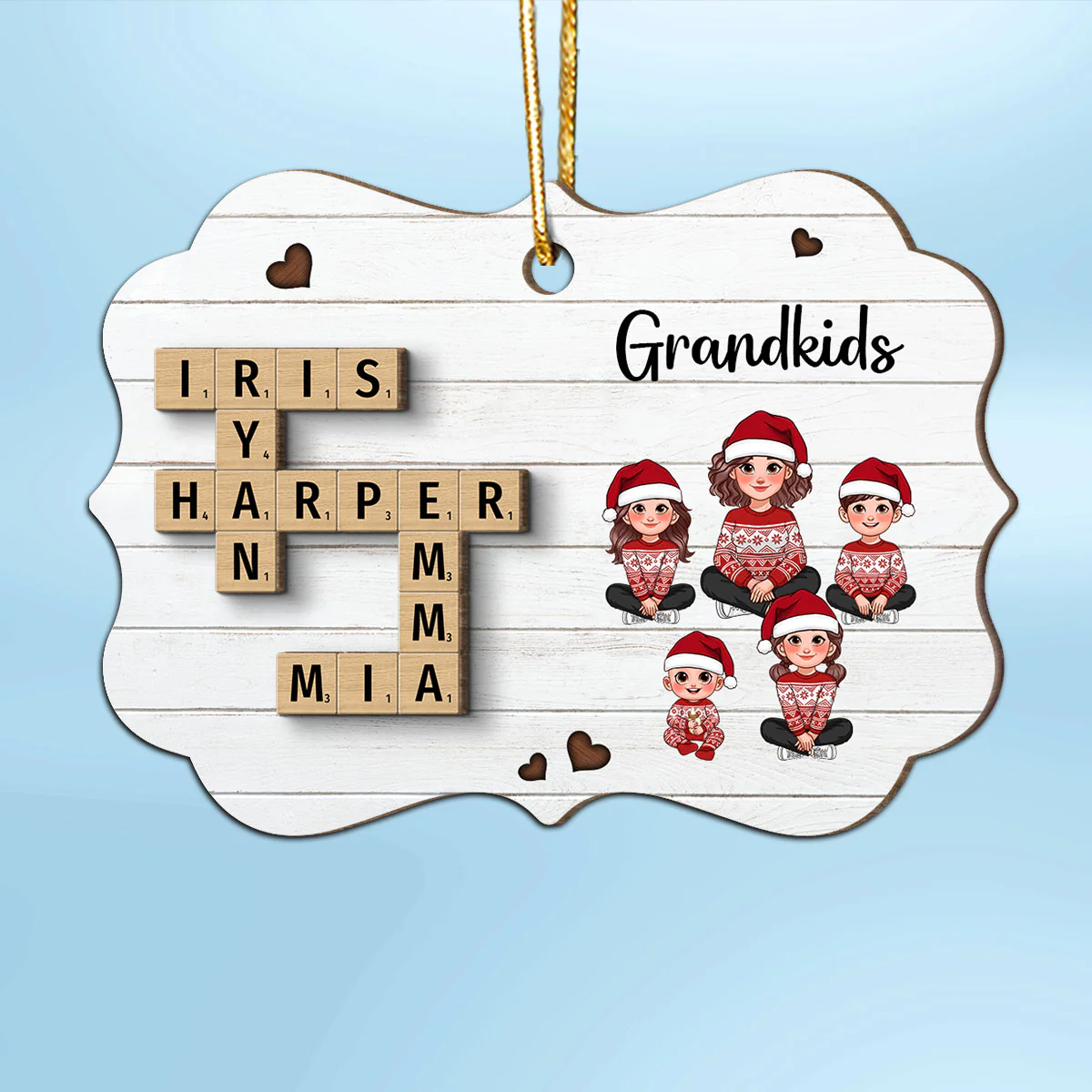 Crossword Puzzle Art Animated Grandma Grandkids Sitting Christmas Personalized 2-Layer Wooden Ornament - Image 2