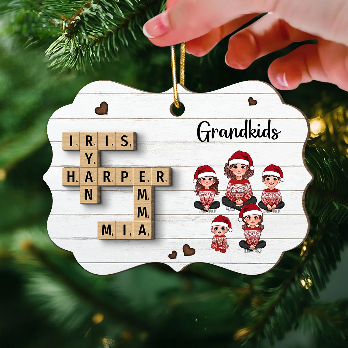 Crossword Puzzle Art Animated Grandma Grandkids Sitting Christmas Personalized 2-Layer Wooden Ornament - Image 3