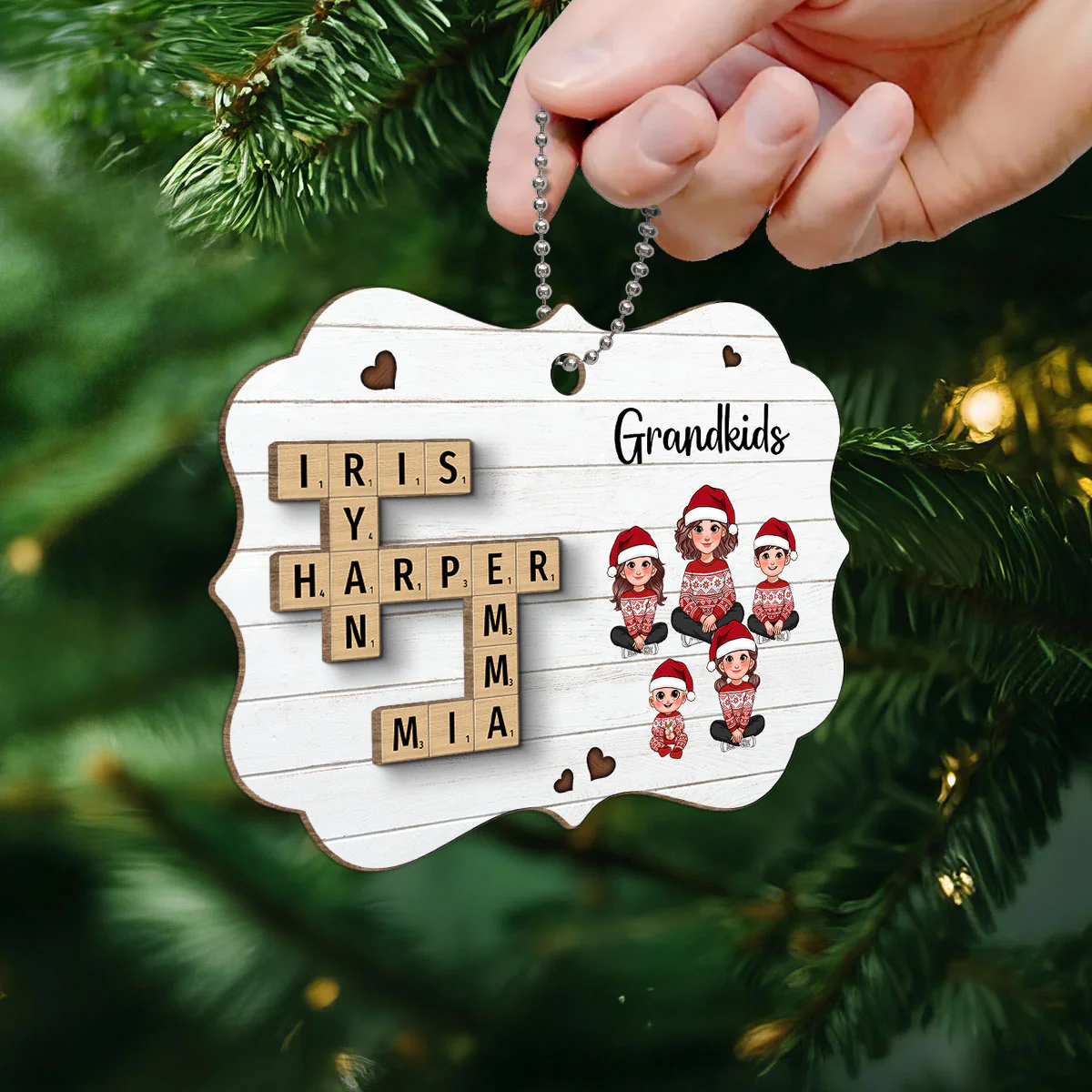 Crossword Puzzle Art Animated Grandma Grandkids Sitting Christmas Personalized 2-Layer Wooden Ornament - Image 6