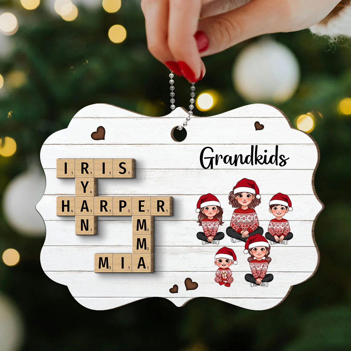 Crossword Puzzle Art Animated Grandma Grandkids Sitting Christmas Personalized 2-Layer Wooden Ornament - Image 8