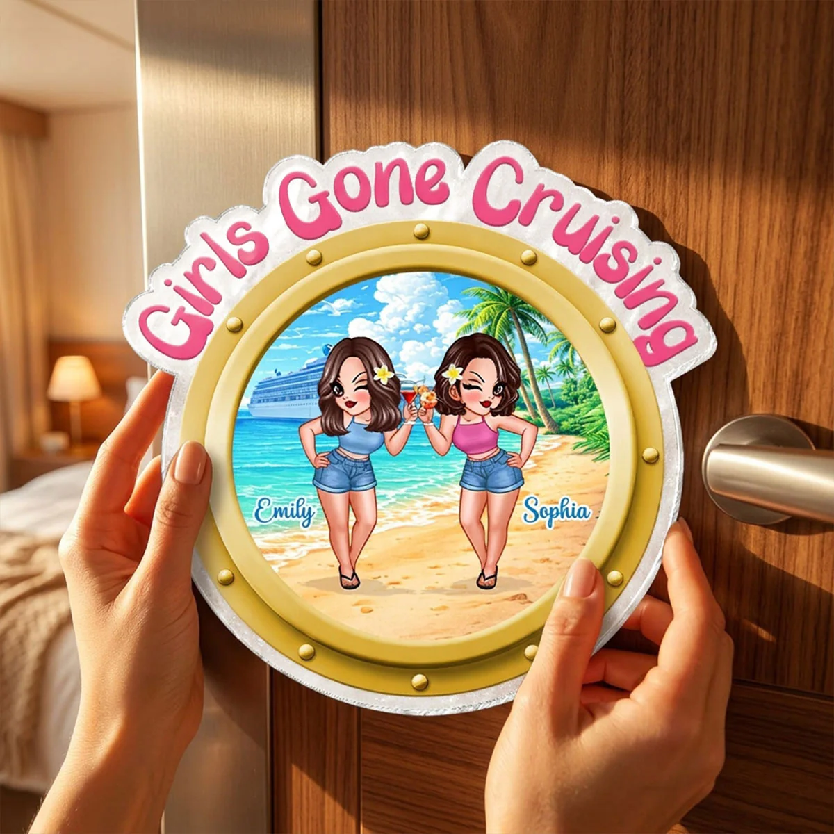 Cruise Besties Pretty Women On Beach Porthole - Personalized Cruise Ship Door Magnet - Girls Cruise Trip Keepsake - Image 2