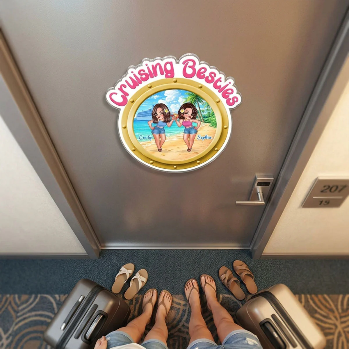 Cruise Besties Pretty Women On Beach Porthole - Personalized Cruise Ship Door Magnet - Girls Cruise Trip Keepsake - Image 4