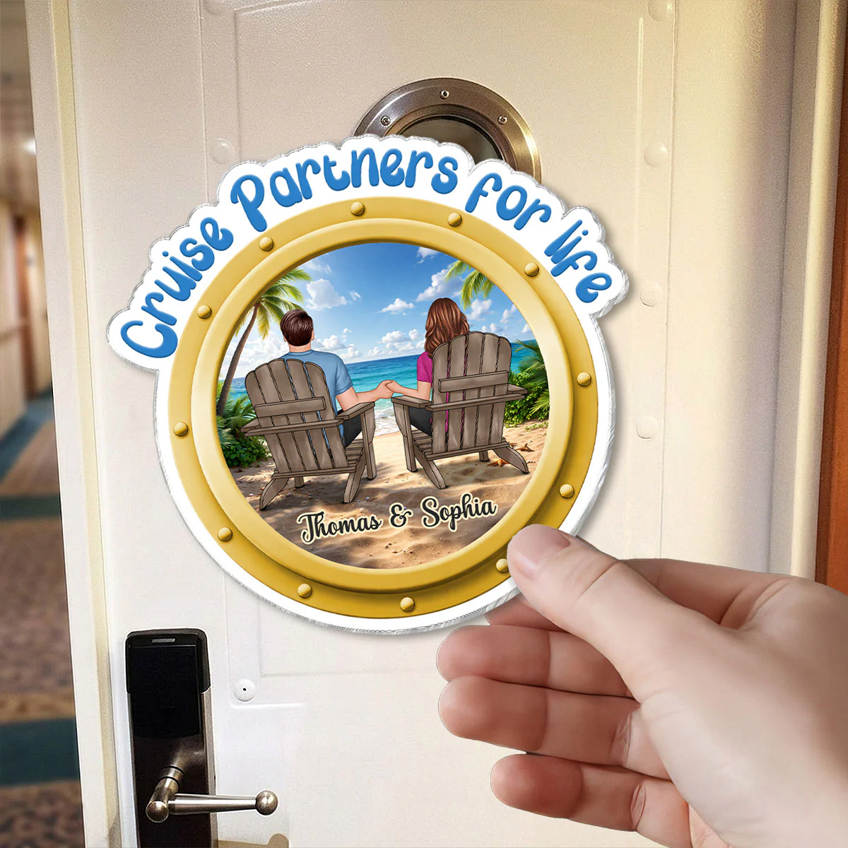 Cruise Partners For Life Porthole Back View Couple Sitting On The Beach - Personalized Cruise Ship Door Magnet - Image 2