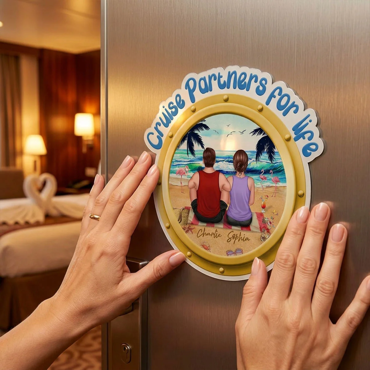 Cruise Partners For Life Porthole Back View Couple Sitting On The Beach - Personalized Cruise Ship Door Magnet - Image 3