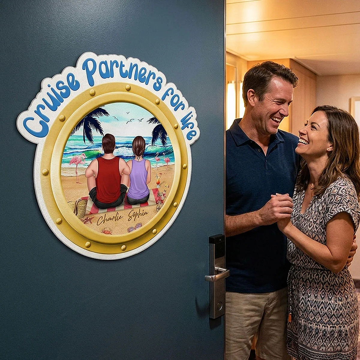 Cruise Partners For Life Porthole Back View Couple Sitting On The Beach - Personalized Cruise Ship Door Magnet - Image 4