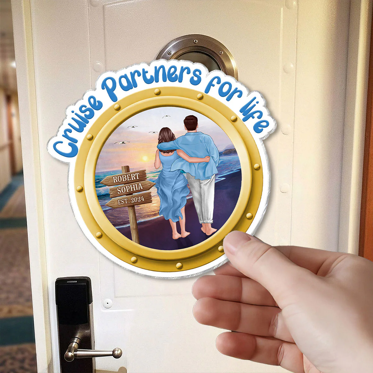 Cruise Partners For Life Porthole Couple Walking At Beach - Personalized Cruise Ship Door Magnet - Image 2