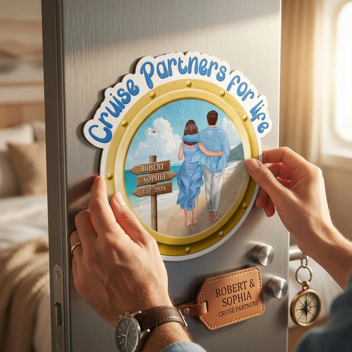 Cruise Partners For Life Porthole Couple Walking At Beach - Personalized Cruise Ship Door Magnet - Image 3