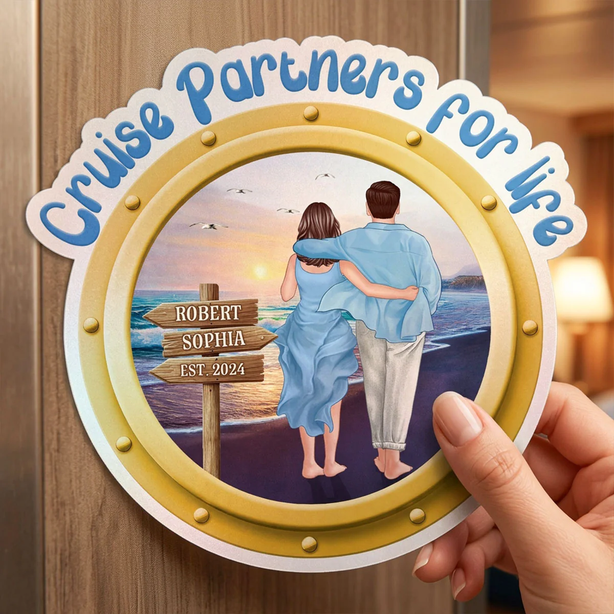 Cruise Partners For Life Porthole Couple Walking At Beach - Personalized Cruise Ship Door Magnet - Image 4