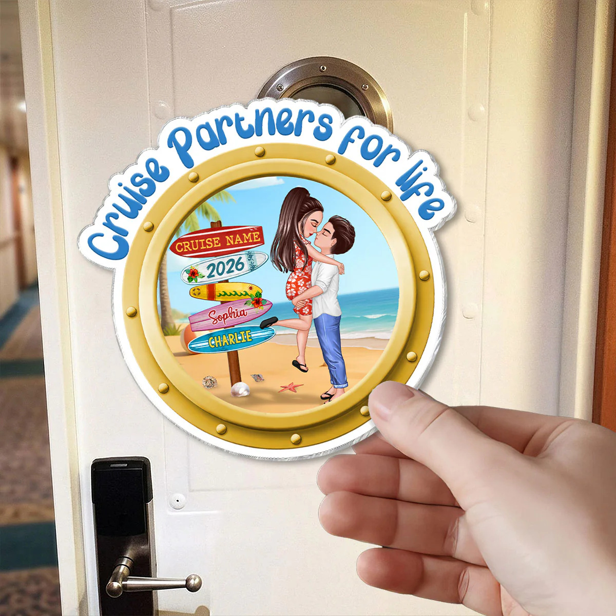 Cruise Partners For Life Porthole Doll Couple Hugging Kissing At Beach - Personalized Cruise Ship Door Magnet - Image 2