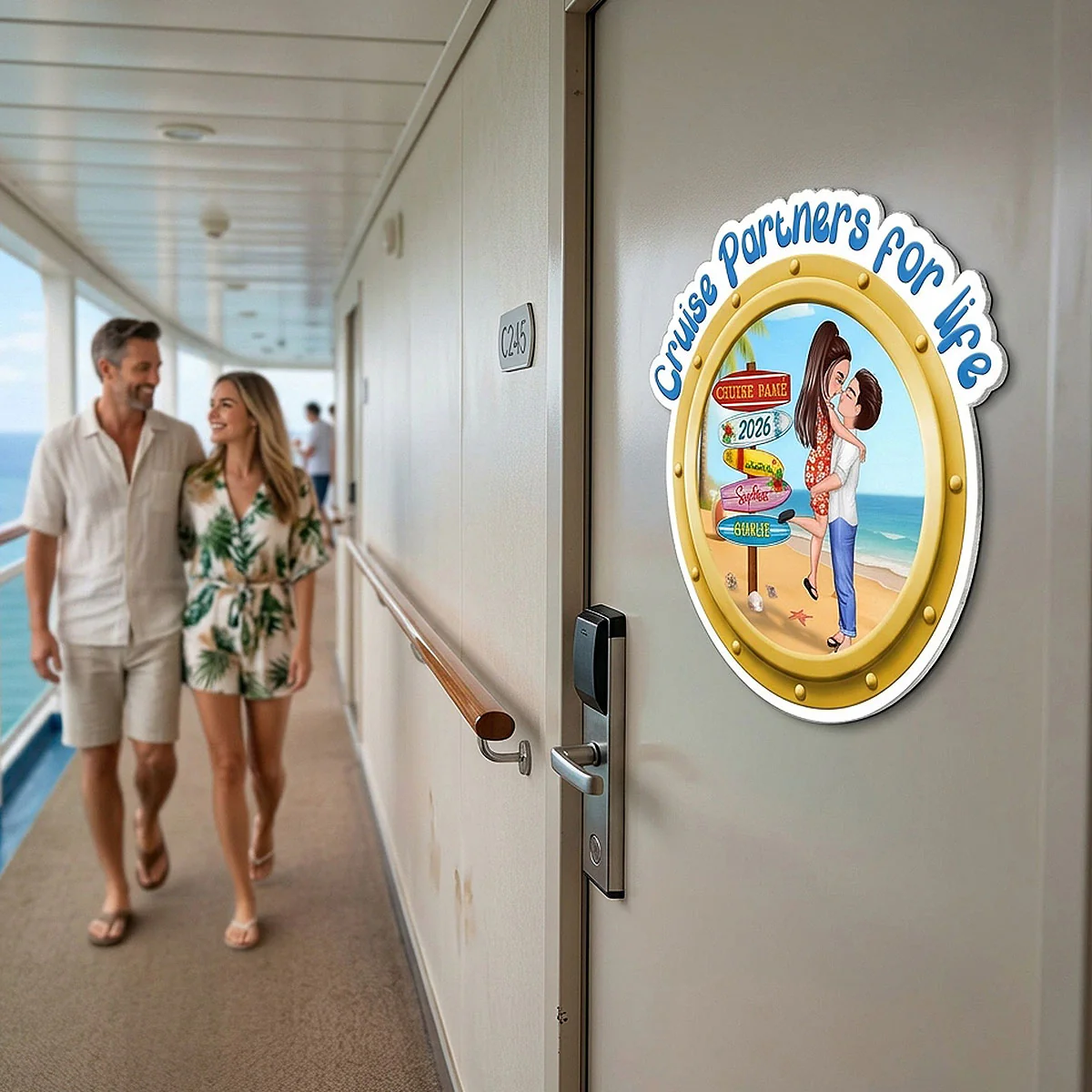 Cruise Partners For Life Porthole Doll Couple Hugging Kissing At Beach - Personalized Cruise Ship Door Magnet - Image 3