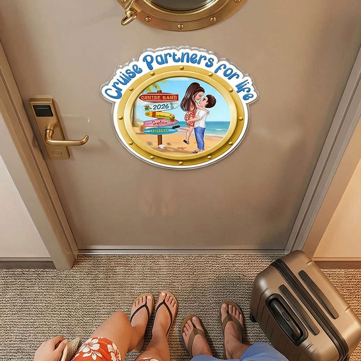 Cruise Partners For Life Porthole Doll Couple Hugging Kissing At Beach - Personalized Cruise Ship Door Magnet - Image 4