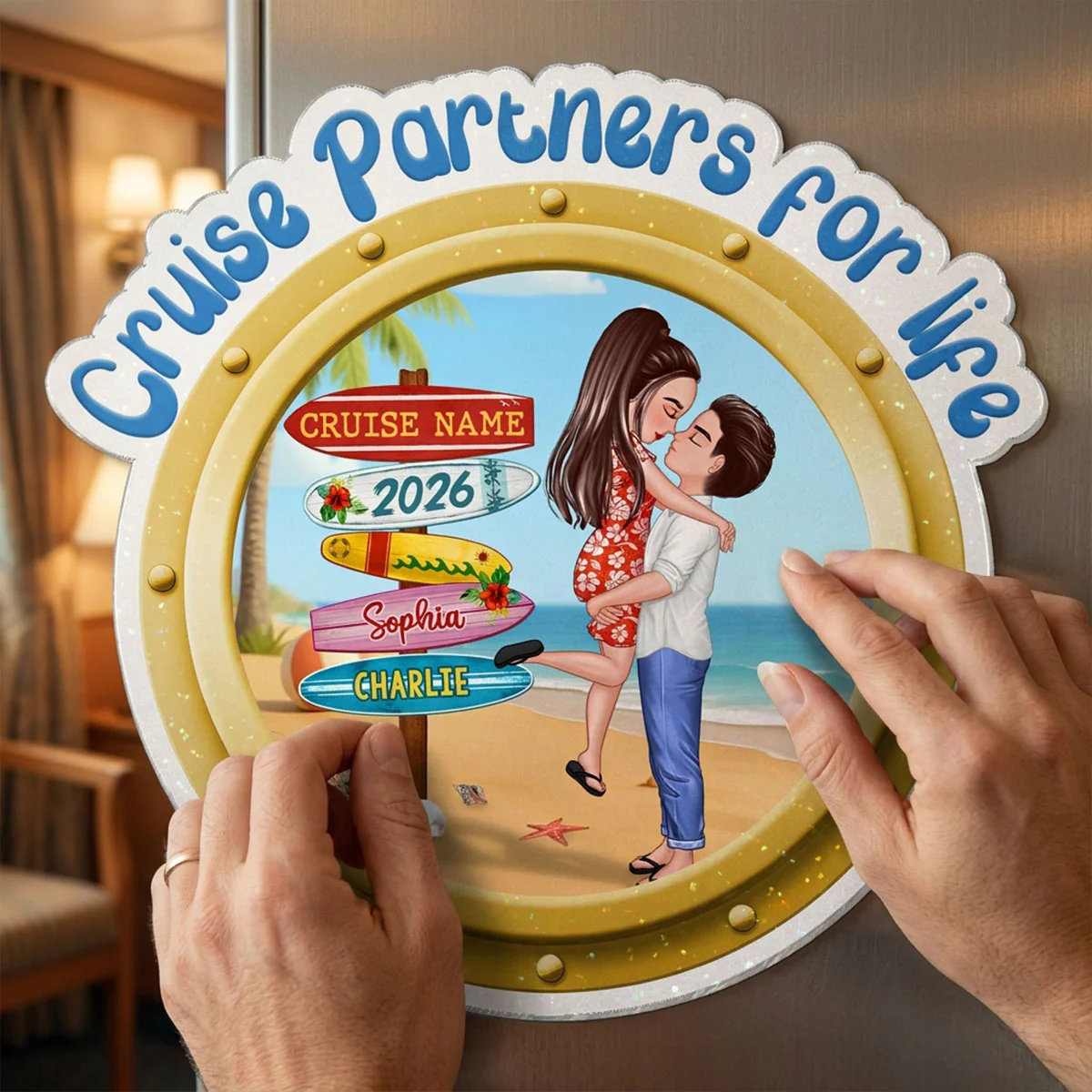 Cruise Partners For Life Porthole Doll Couple Hugging Kissing At Beach - Personalized Cruise Ship Door Magnet - Image 5