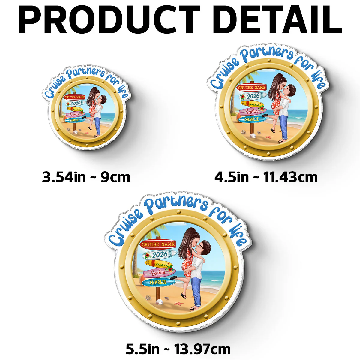 Cruise Partners For Life Porthole Doll Couple Hugging Kissing At Beach - Personalized Cruise Ship Door Magnet - Image 6