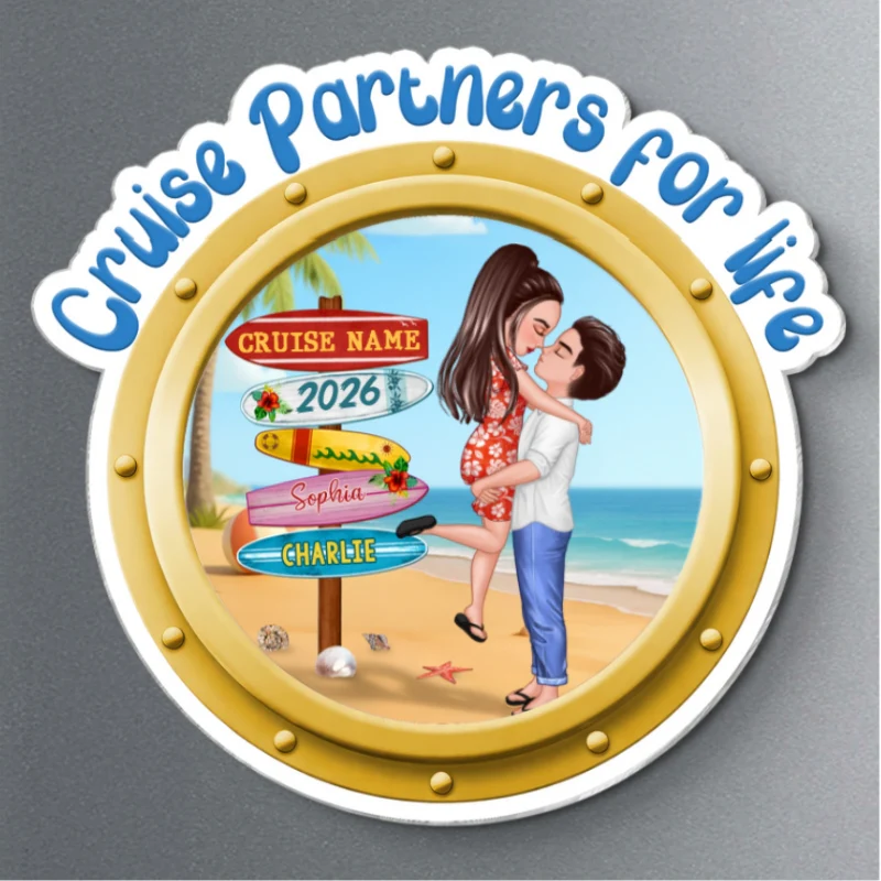 Cruise Partners For Life Porthole Doll Couple Hugging Kissing At Beach - Personalized Cruise Ship Door Magnet - Image 8