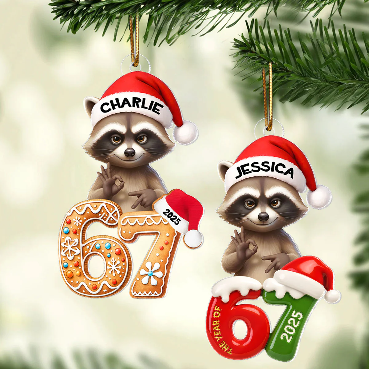 Cunning Raccoon Christmas Pattern Custom Six Seven 67 - Personalized Acrylic Ornament - Teen Slang Funny Tree Decor, Funny Teen Grandkid Gift - Image 6