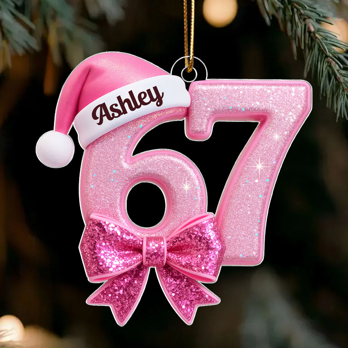 Custom 67 with Pink Croquette Bow - Personalzied Acrylic Ornament - Gift for Kid, Grandkids - Image 3