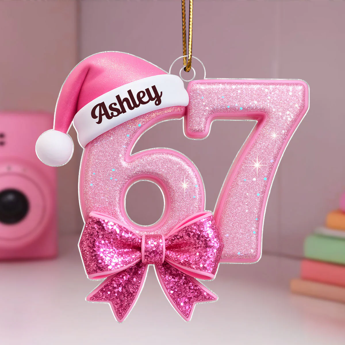 Custom 67 with Pink Croquette Bow - Personalzied Acrylic Ornament - Gift for Kid, Grandkids - Image 5