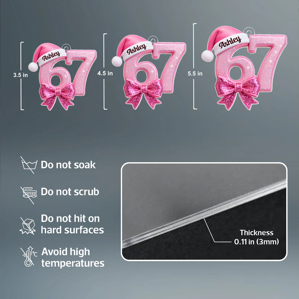 Custom 67 with Pink Croquette Bow - Personalzied Acrylic Ornament - Gift for Kid, Grandkids - Image 7