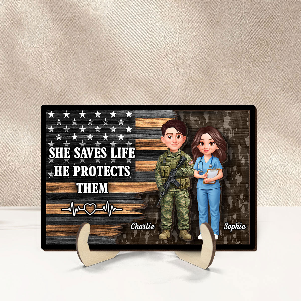 Custom Army Couple Nation Flag - Personalized 2-Layered Wooden Plaque - Heartfelt Gift for Him, for Her - Image 3