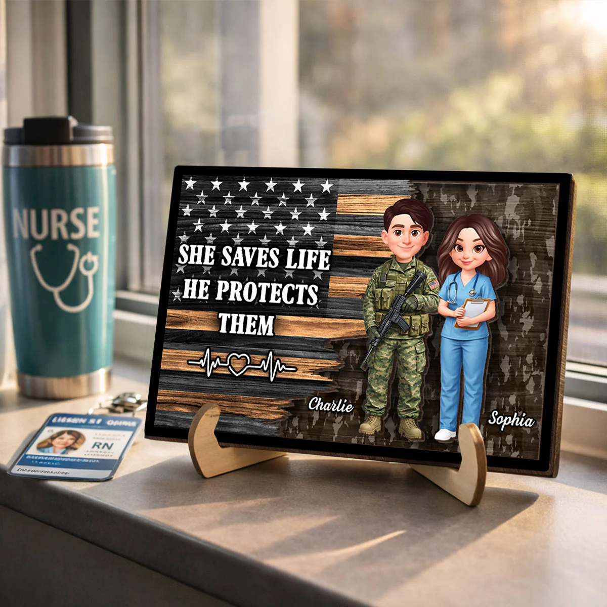 Custom Army Couple Nation Flag - Personalized 2-Layered Wooden Plaque - Heartfelt Gift for Him, for Her - Image 4