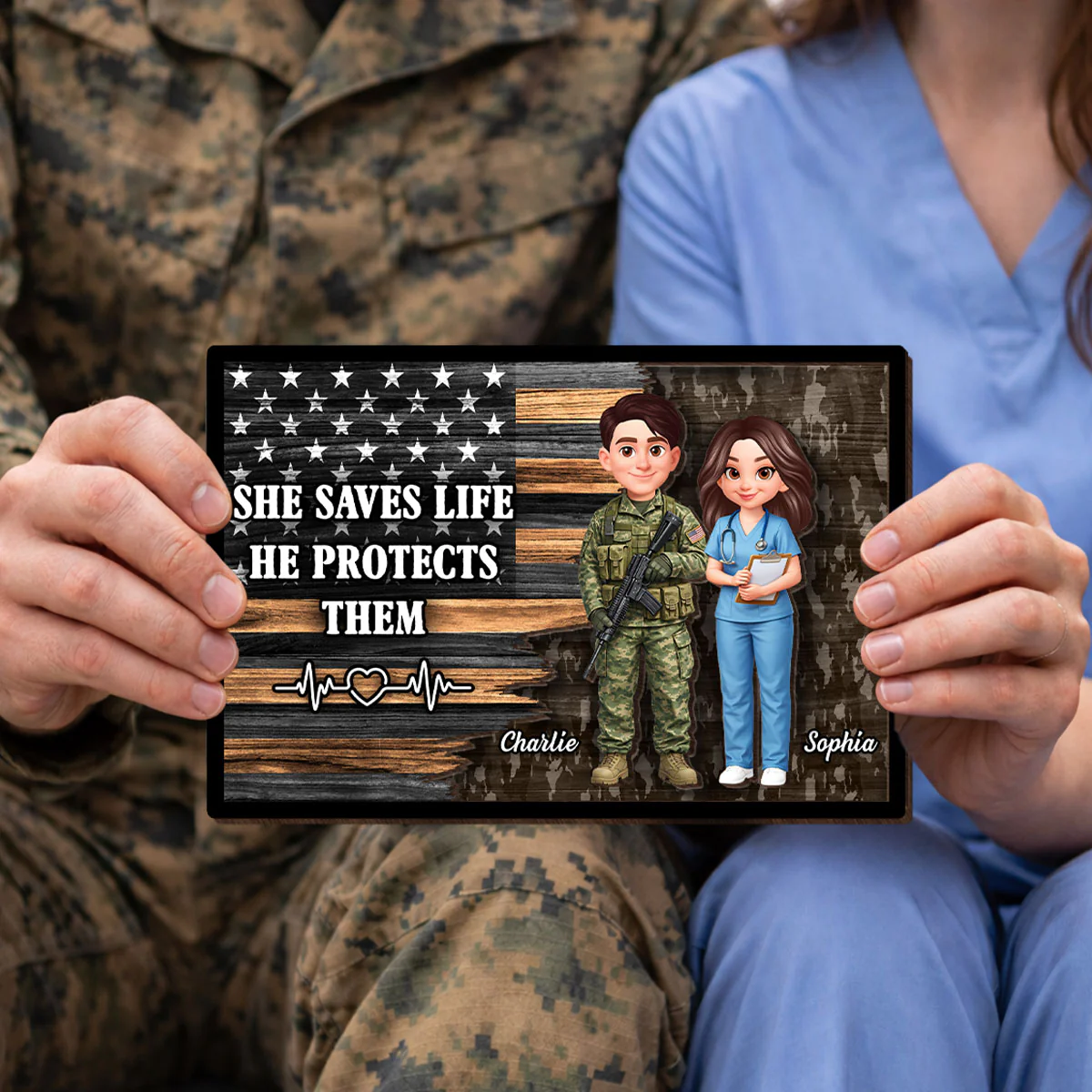 Custom Army Couple Nation Flag - Personalized 2-Layered Wooden Plaque - Heartfelt Gift for Him, for Her - Image 7