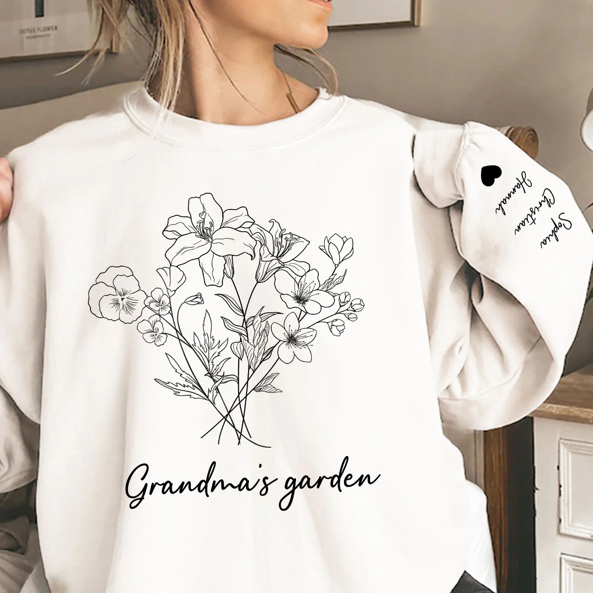 Custom Birth Month Flower Bouquet Grandma Garden Gift Personalized Sleeved Printed Sweatshirt - Image 3